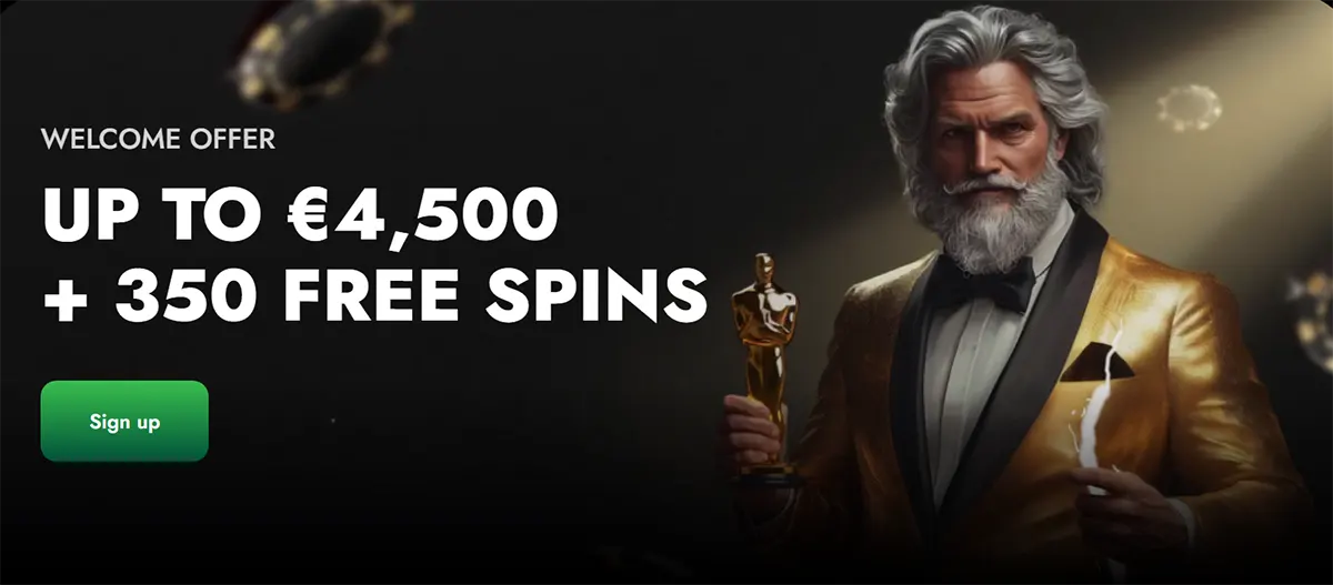 Dark casino welcome banner showing “WELCOME OFFER” and “UP TO €4,500 + 350 FREE SPINS” with a green “Sign up” button, alongside a silver-haired bearded man in a gold tuxedo holding a trophy and a lightning glow.